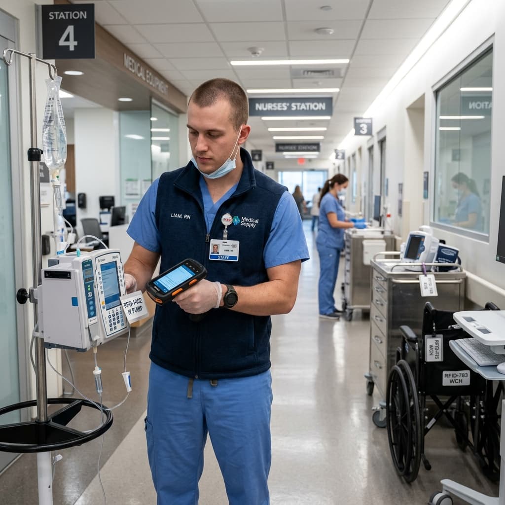 Hospital nurse using RFID scanner to track medical equipment