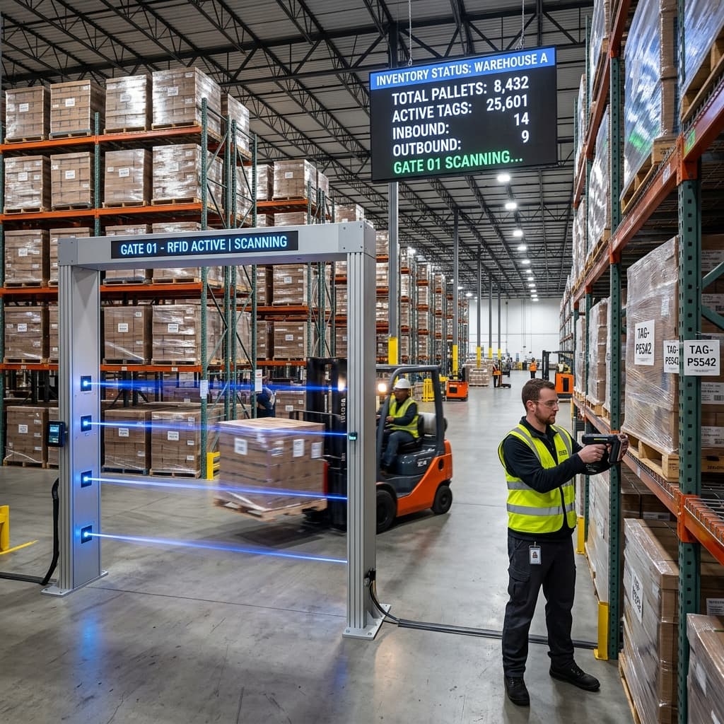 Modern warehouse with RFID portal gate and workers scanning pallets