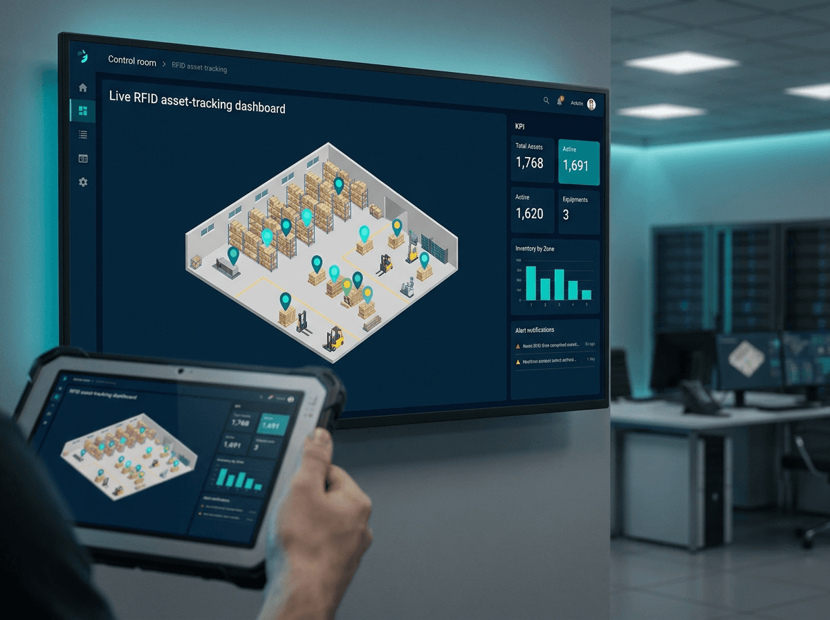Enterprise RFID dashboard showing real-time asset tracking on a large monitor