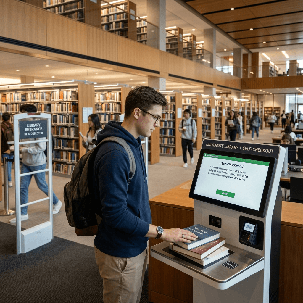 University library with RFID self-checkout kiosk and book tracking system
