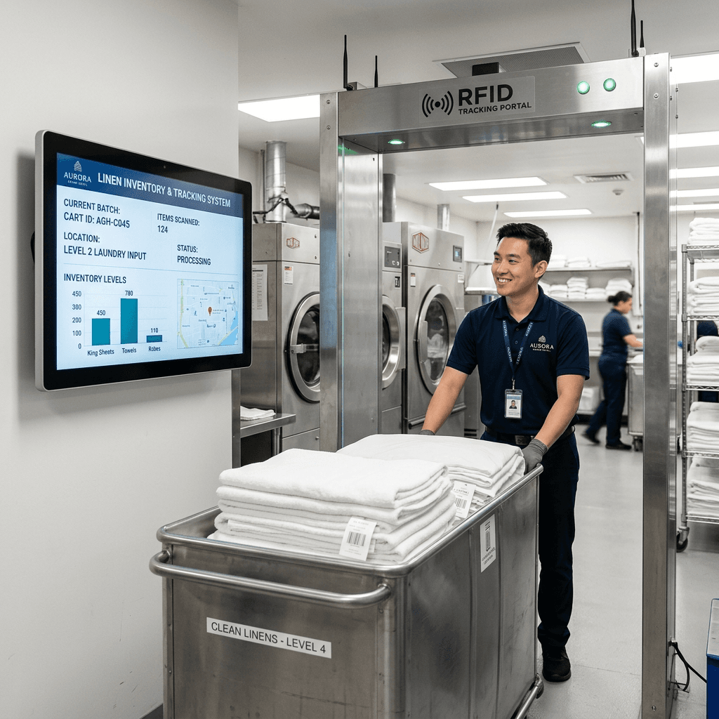 Luxury hotel laundry operation with RFID linen tracking and housekeeping staff