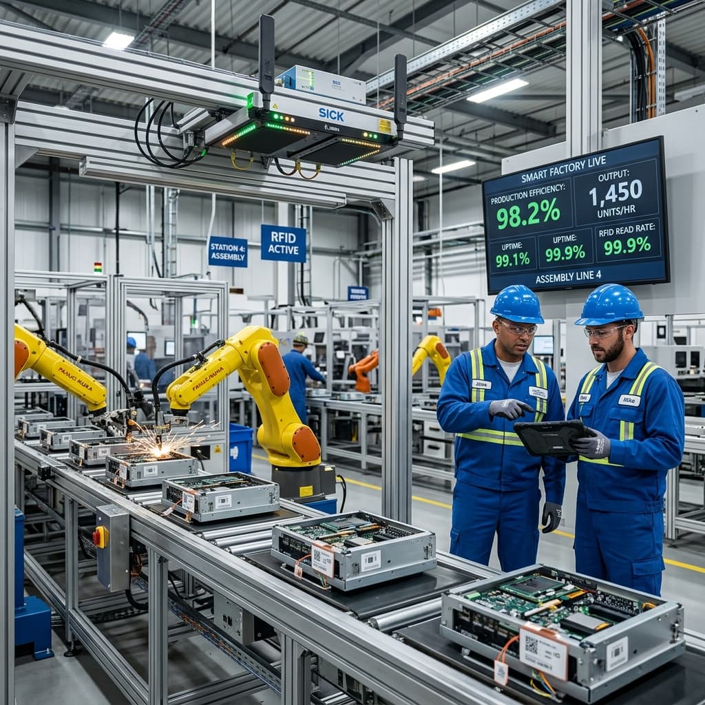 Modern manufacturing plant with RFID tracking on conveyor belts and robotic arms