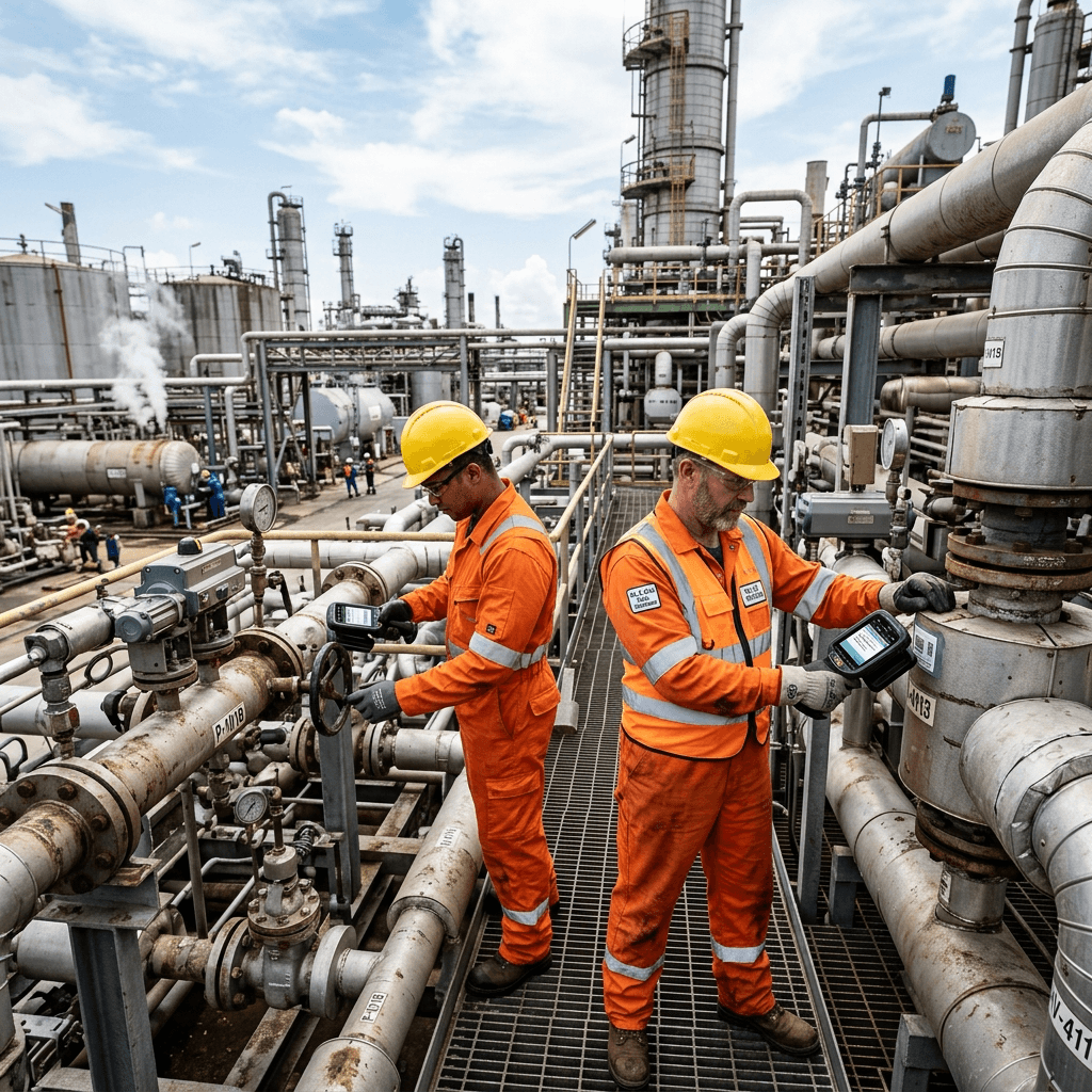 Oil and gas industrial facility with engineers scanning heavy equipment using rugged RFID readers