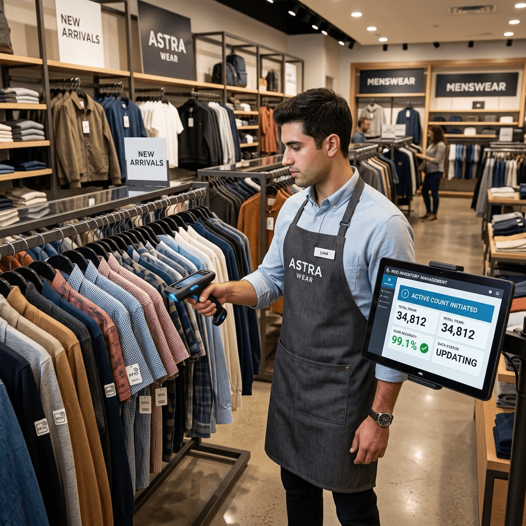 Modern retail store with RFID inventory management and employee scanning clothing racks