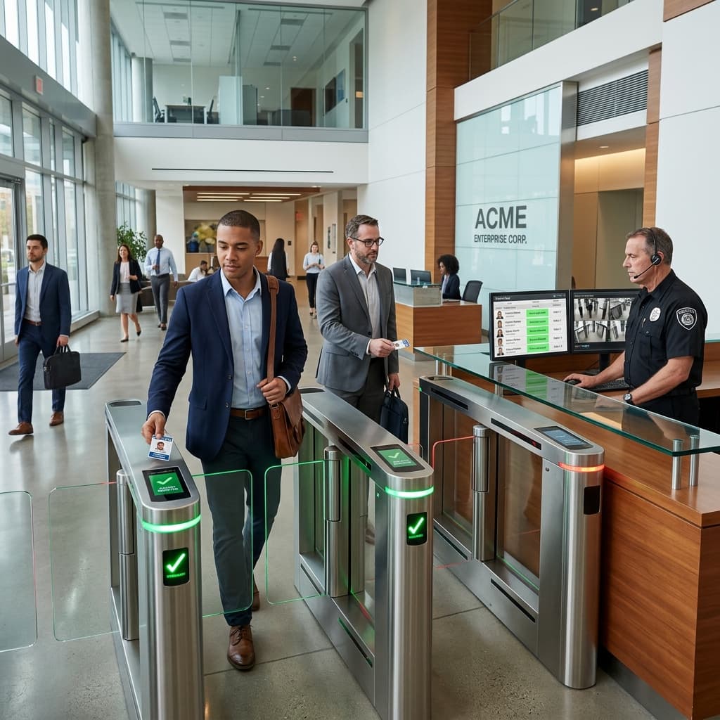 Modern office RFID access control gates with employees scanning RFID badges
