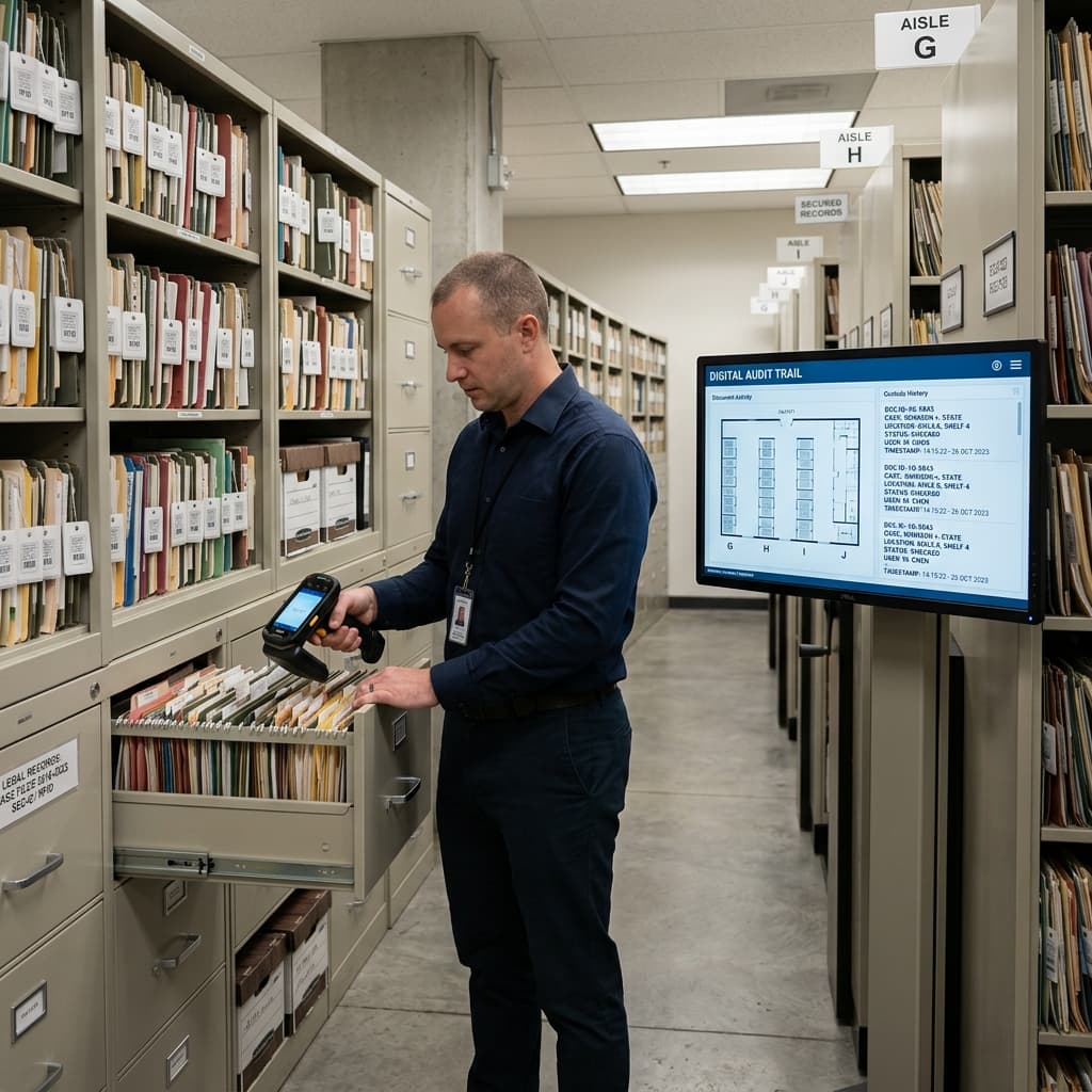 Document archive room with RFID-tagged folders and handheld reader audit trail
