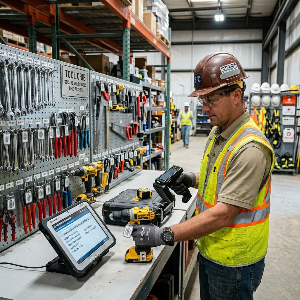 Construction site tool crib with RFID tracking and worker checking out tools
