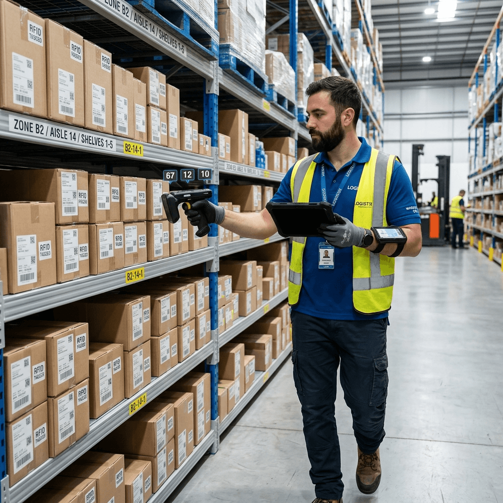 Warehouse worker using RFID handheld reader for real-time inventory count