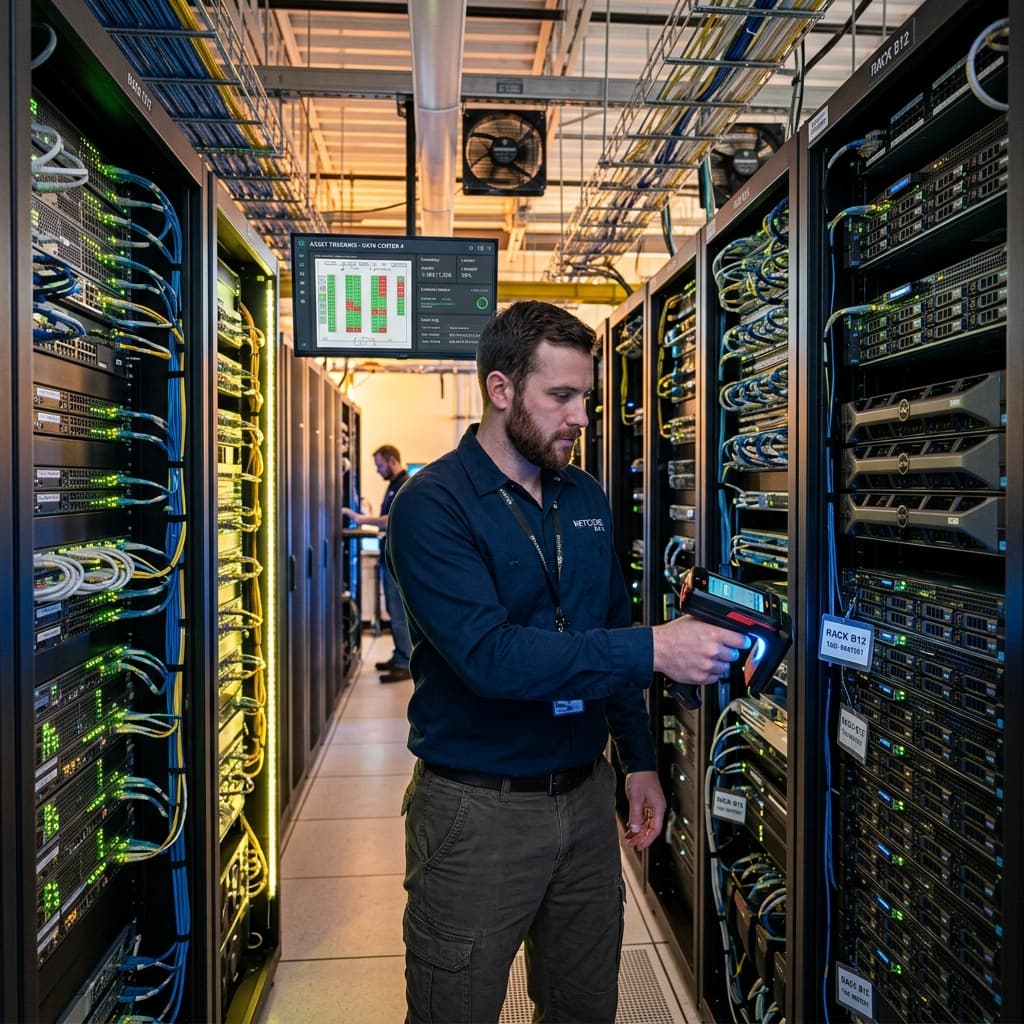 IT data centre with RFID technician scanning server racks and networking equipment