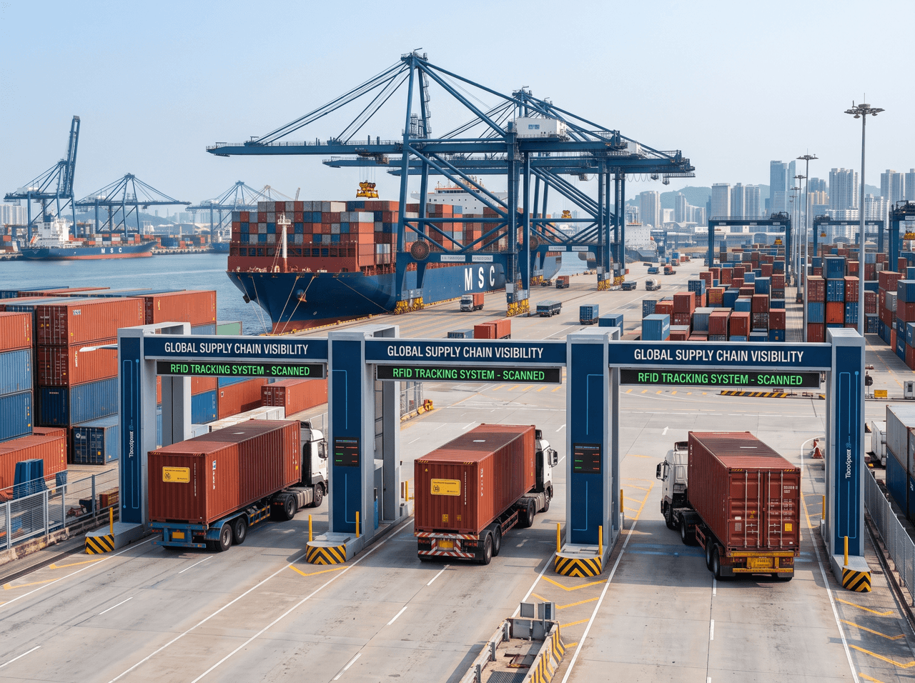 Global supply chain with RFID portal gates scanning trucks at shipping port