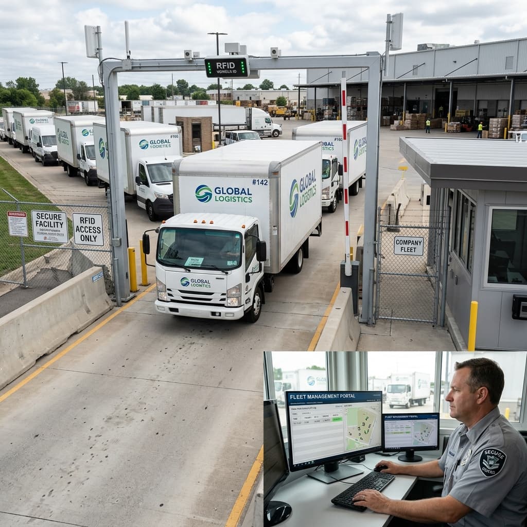 Fleet of vehicles at gated facility with RFID portal gate reading windshield tags