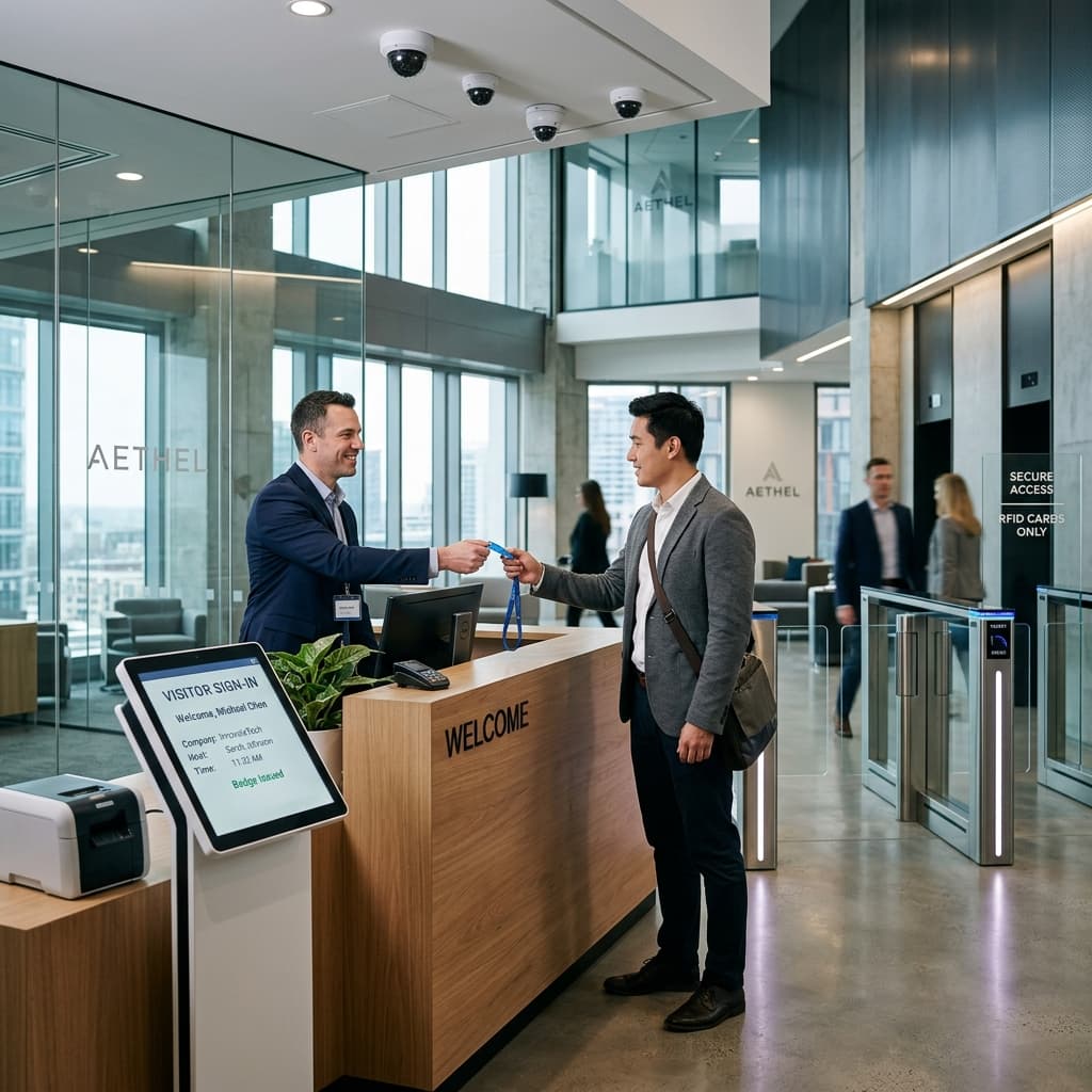 Modern corporate reception with digital visitor management kiosk and RFID badge