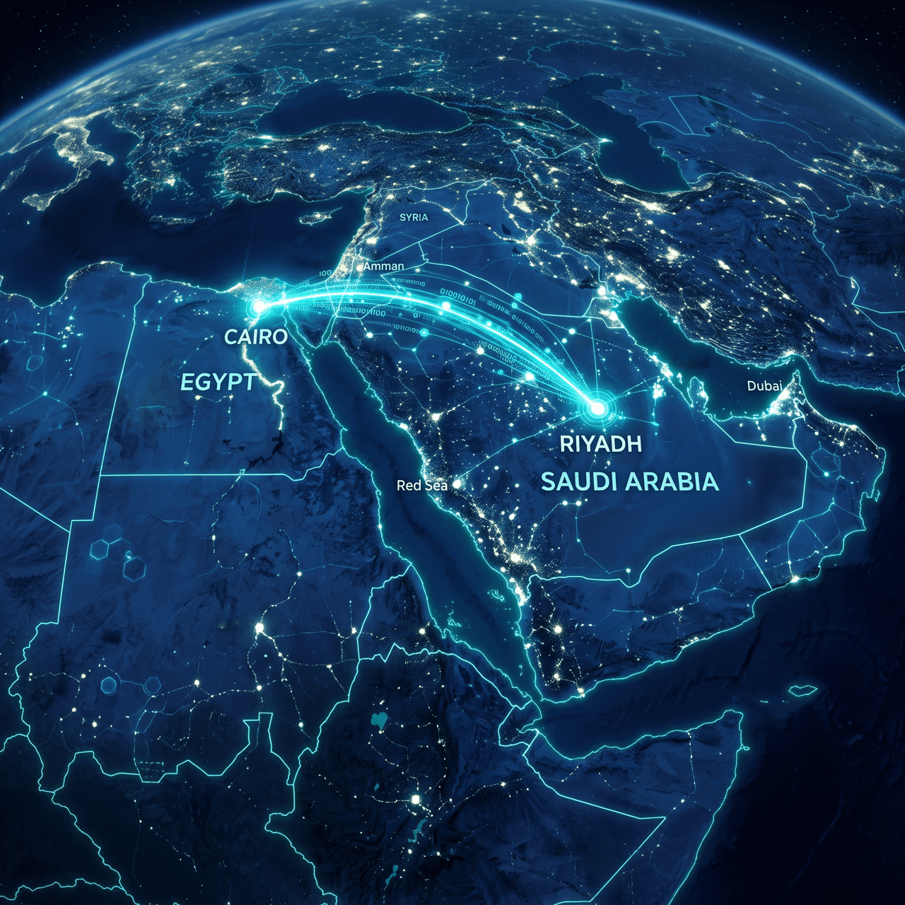 Aerial view of Saudi Arabia and Egypt connected by digital RFID data streams