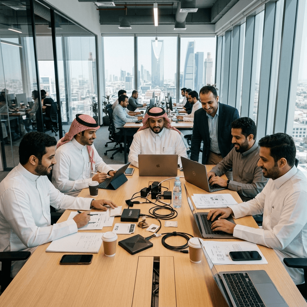 Diverse team of RFID engineers and consultants working together in a modern office