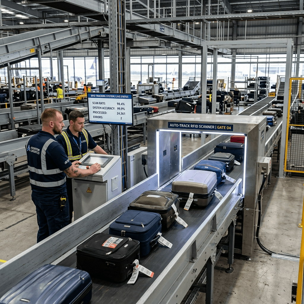Airport baggage handling area with RFID conveyor tracking and digital accuracy display