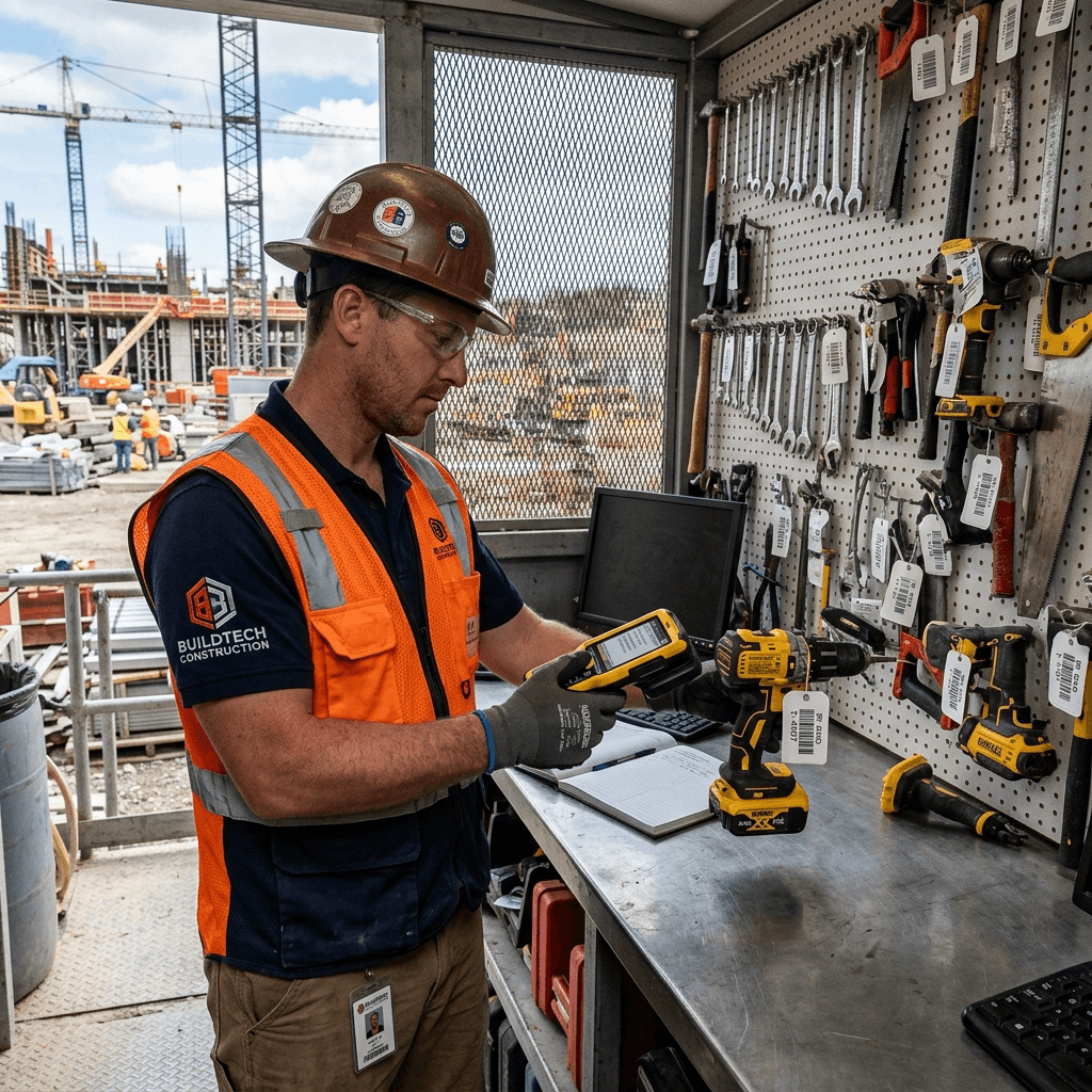 Construction site tool crib with RFID tracking and worker in hard hat scanning tools