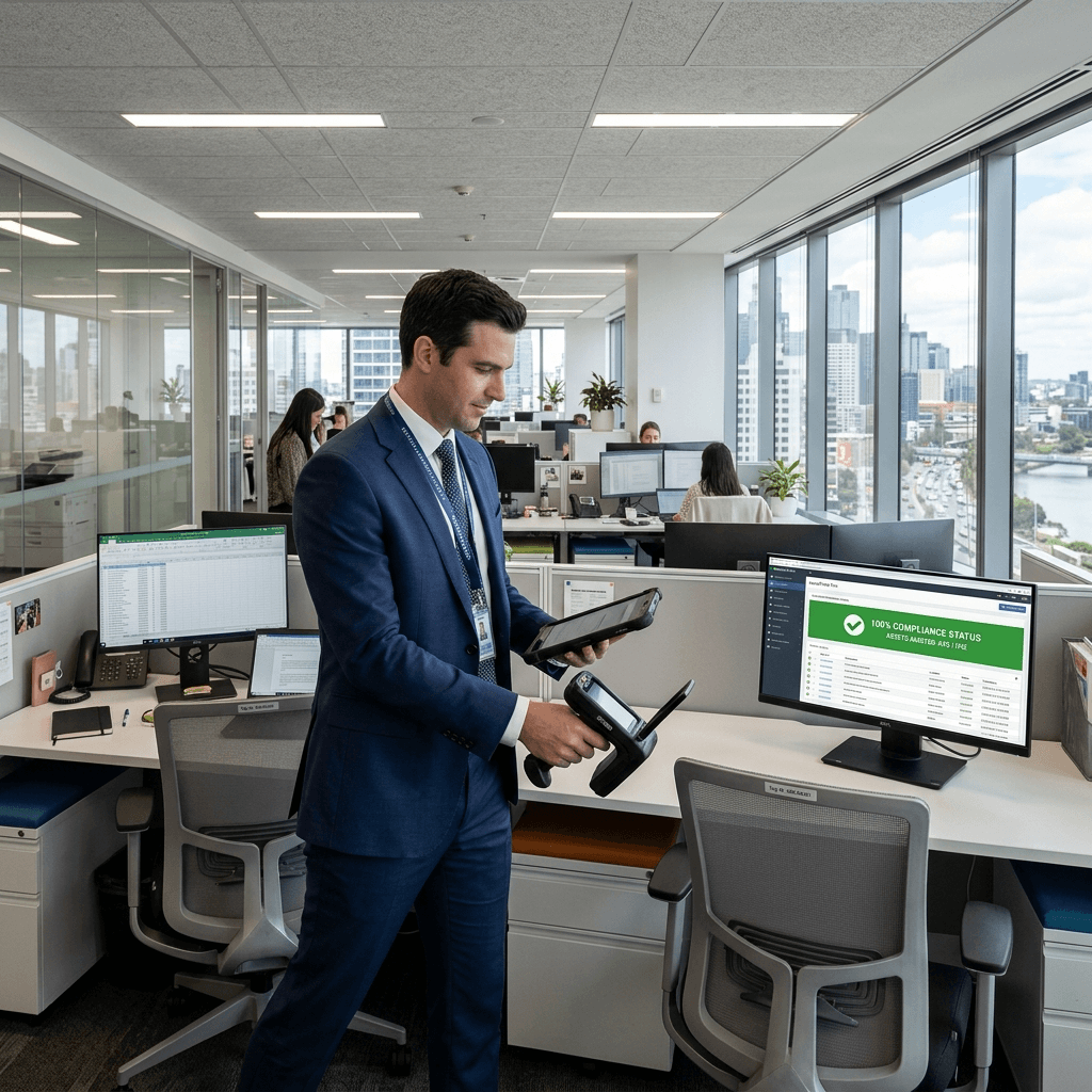 Government office RFID asset management audit with professional scanning desks and computers