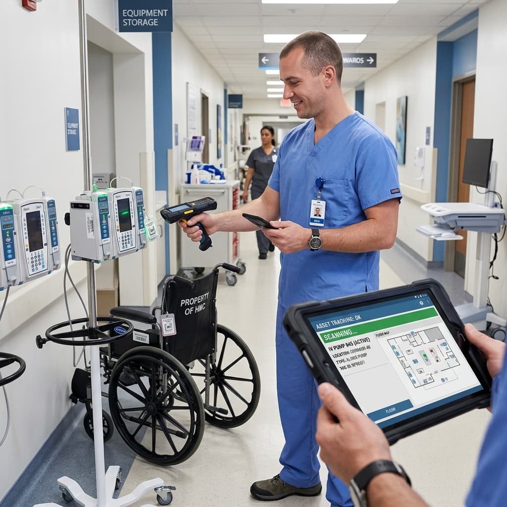 Hospital nurse using RFID handheld scanner tracking medical equipment