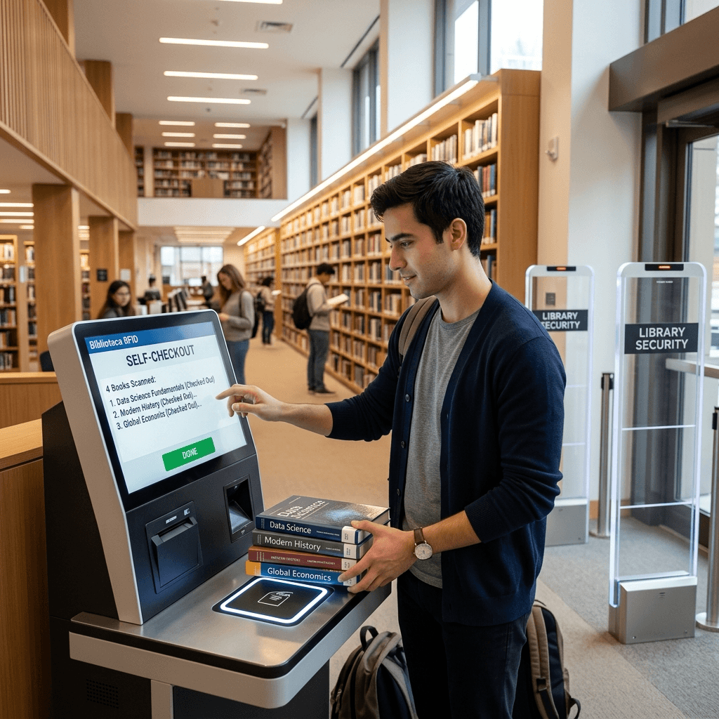 Public library with RFID self-checkout station and patron placing books on reader pad