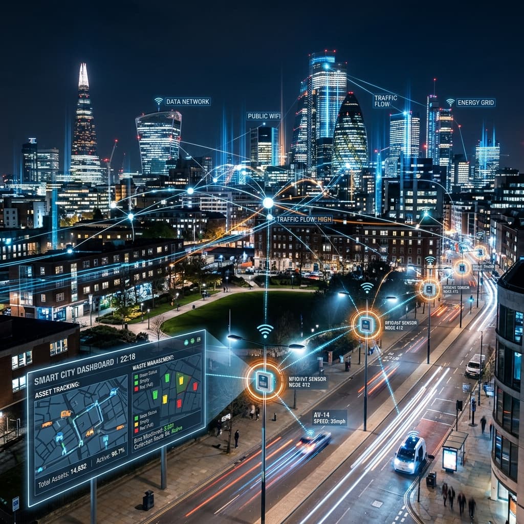 Modern smart city skyline with RFID IoT sensors and digital connectivity overlays