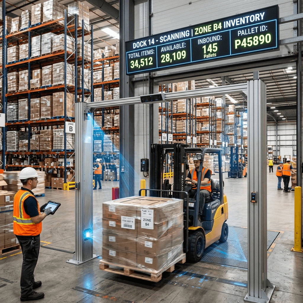 Large modern logistics warehouse with RFID portal gate at dock door and workers scanning pallets