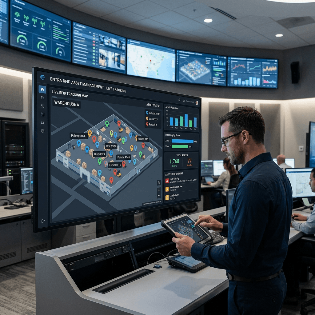 Enterprise cloud dashboard on large monitor showing real-time RFID asset tracking map and analytics