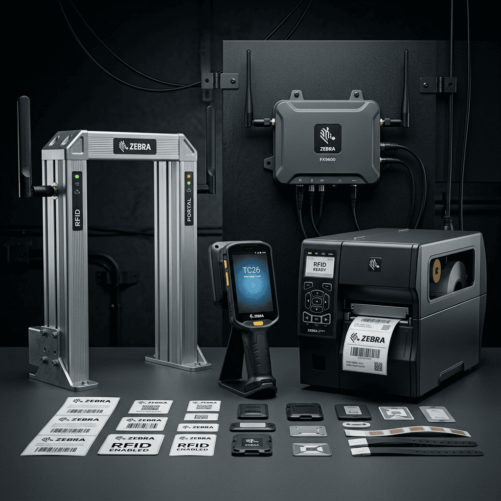 Enterprise RFID hardware including Zebra handheld scanner, fixed reader, RFID gate, tags, and printer on dark studio background