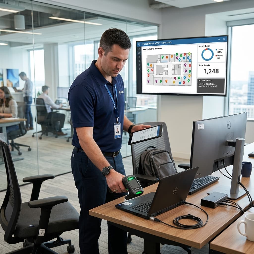 IT professional scanning RFID tags on office assets with real-time tracking dashboard