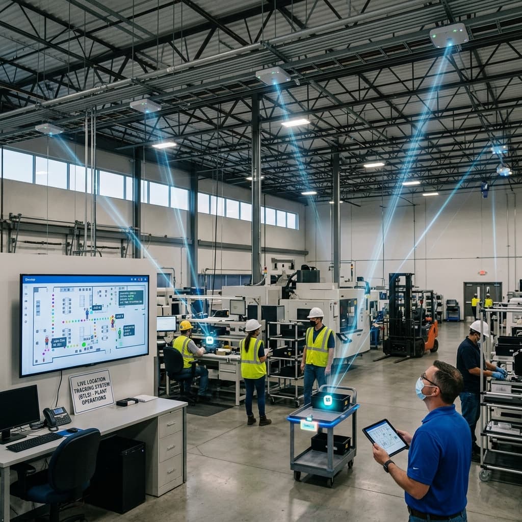 Hospital interior with real-time location tracking anchors and live asset position map