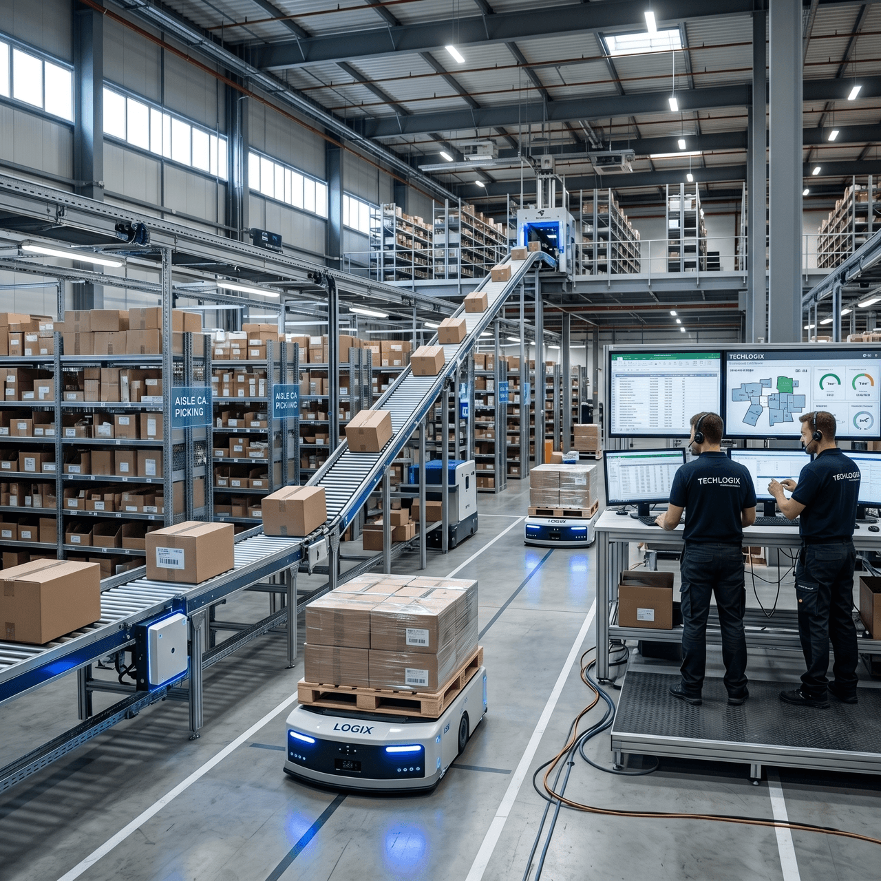 Futuristic smart warehouse with autonomous robots and IoT RFID sensors
