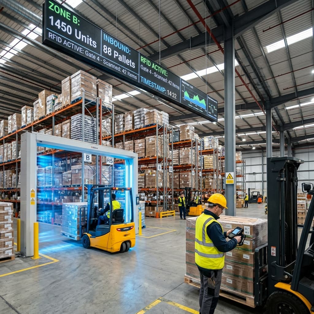 Large modern warehouse with RFID portal gate and forklift operations