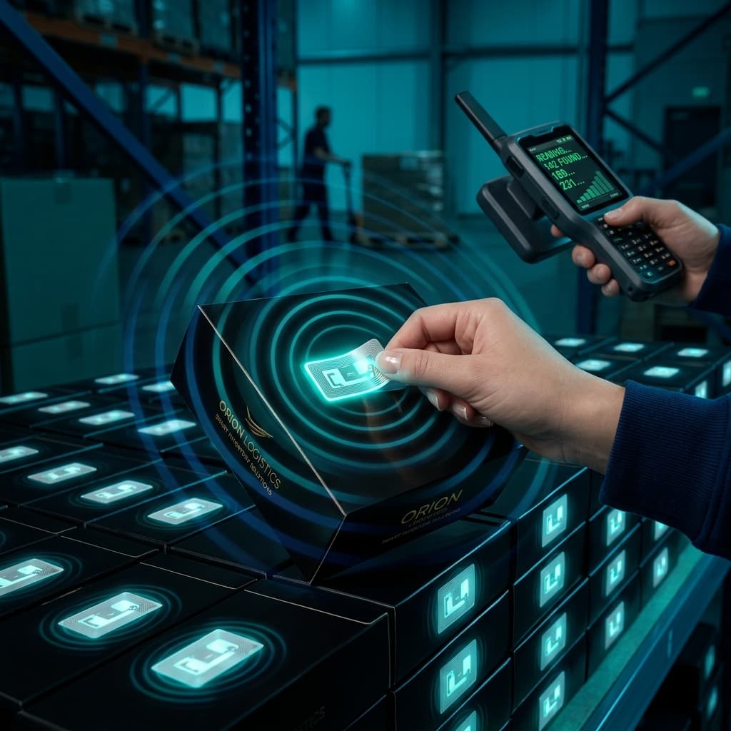 Close-up of RFID tags with electromagnetic waves and handheld reader