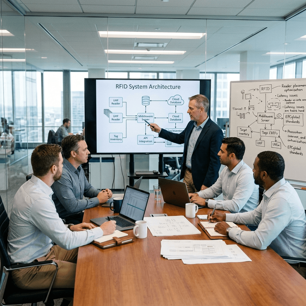 RFID consulting team meeting in glass-walled conference room reviewing system architecture