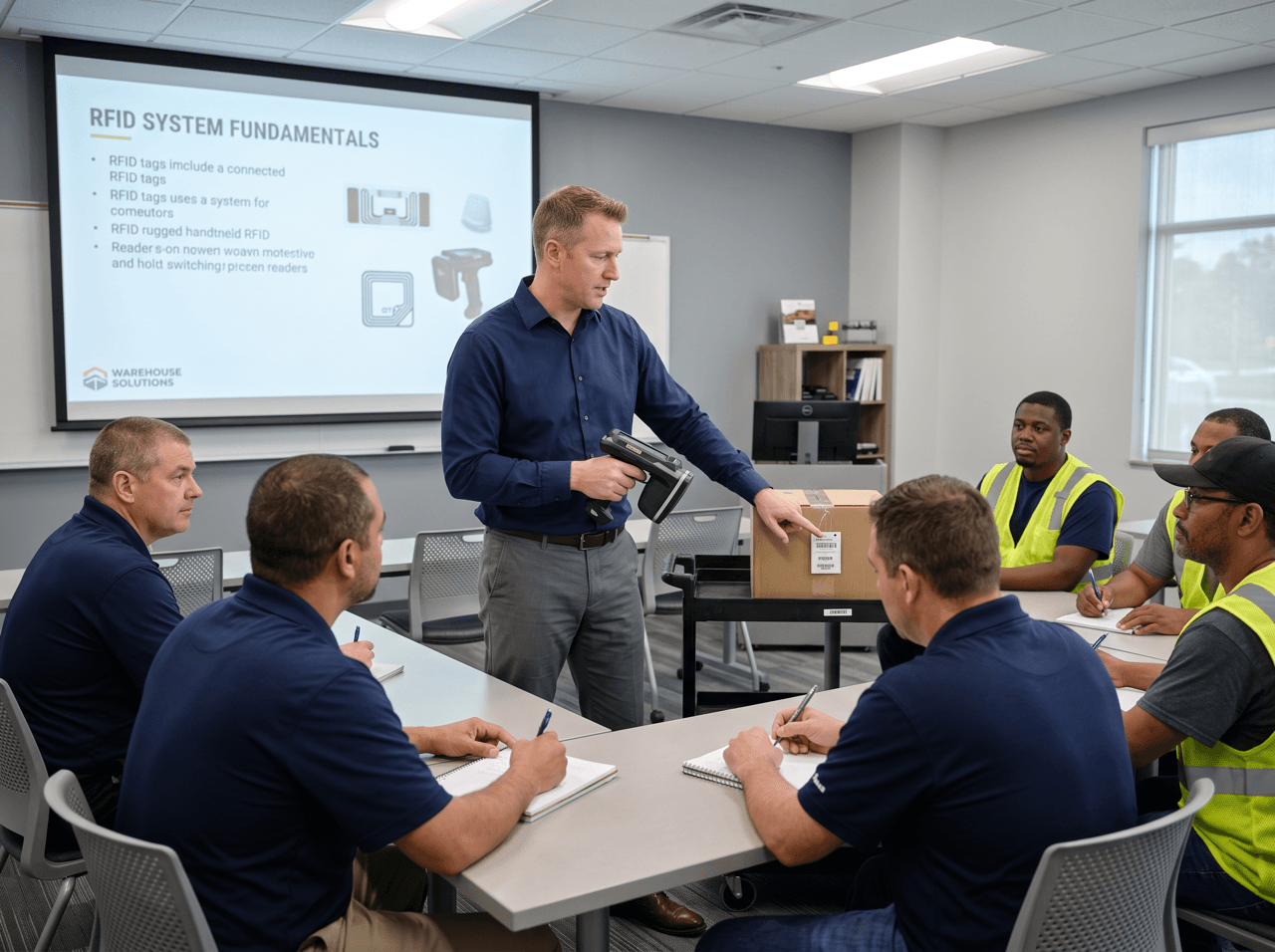 RFID training session with trainer demonstrating handheld reader to warehouse employees